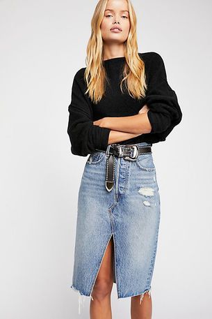 джинсовая юбка миди с разрезом спереди